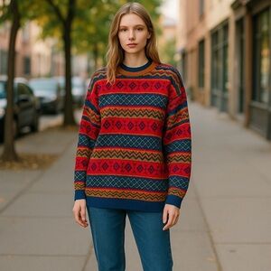 Vintage Paul Harris Colorful Patterned Women's Sweater Size M Beaded Oversized